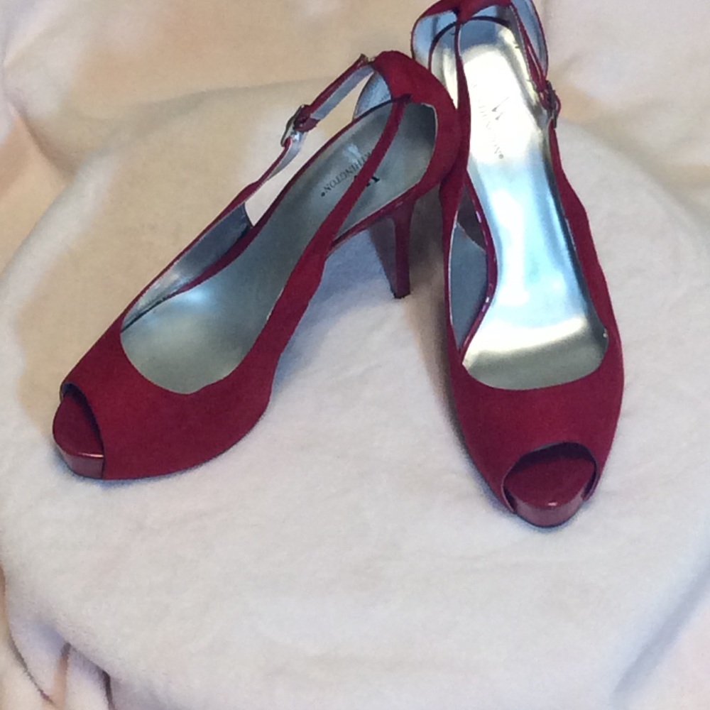 Red Peep-Toe Ultra Suede and Patent Leather Pumps